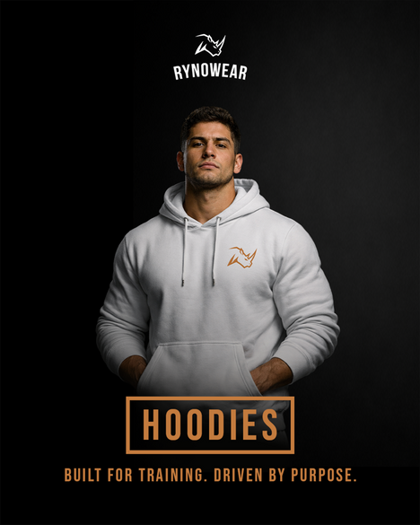 Male athlete in a white Rynowear branded hoodie with Hoodies text on a black background