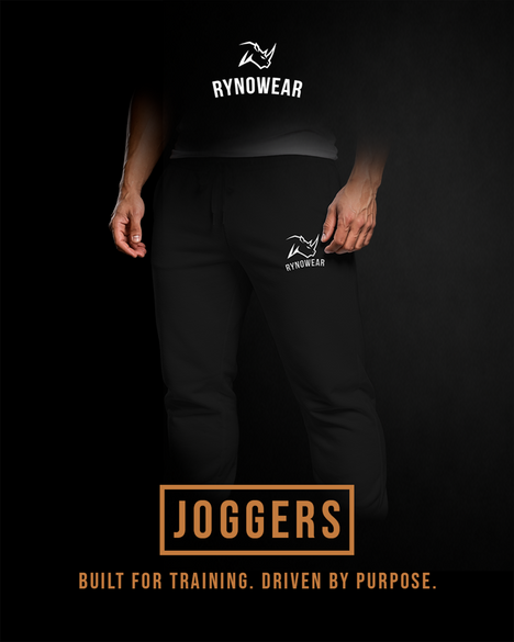 Lower body image of a male athlete in black Rynowear branded joggers, joggers text on a black background.