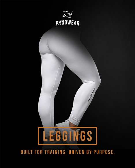 A lower body picture of a women in white Rynowear branded leggings and Leggings text on a black ground