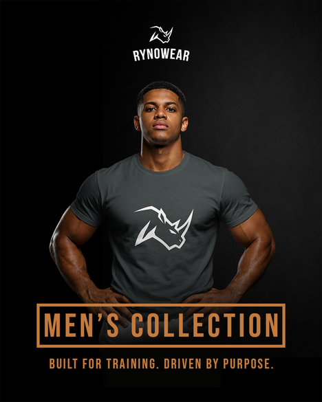 Mens collection banner with a male athlete in a Rynowear branded gray t-shirt on a black background