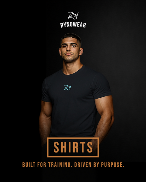 Male athlete in a Rynowear branded t-shirt and shirts text on a black background