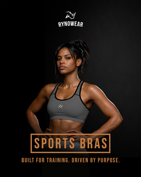 Female athlete wearing a gray Rynowear branded sports bra, Sports bra text on a black background.