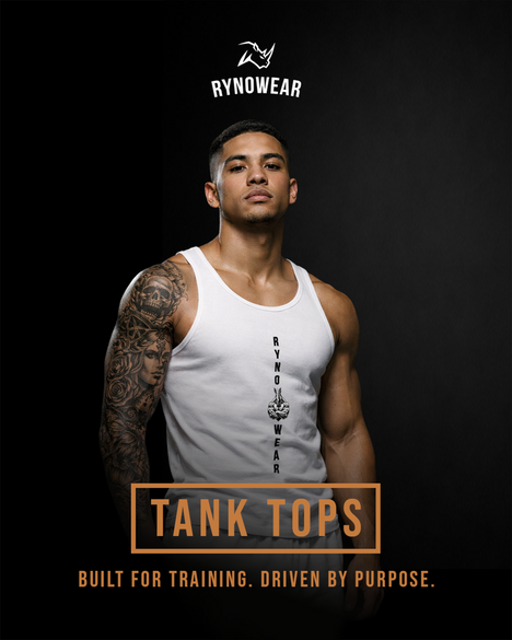 Male athlete in a white Rynowear tank top with Tank Tops Collection text on a black background
