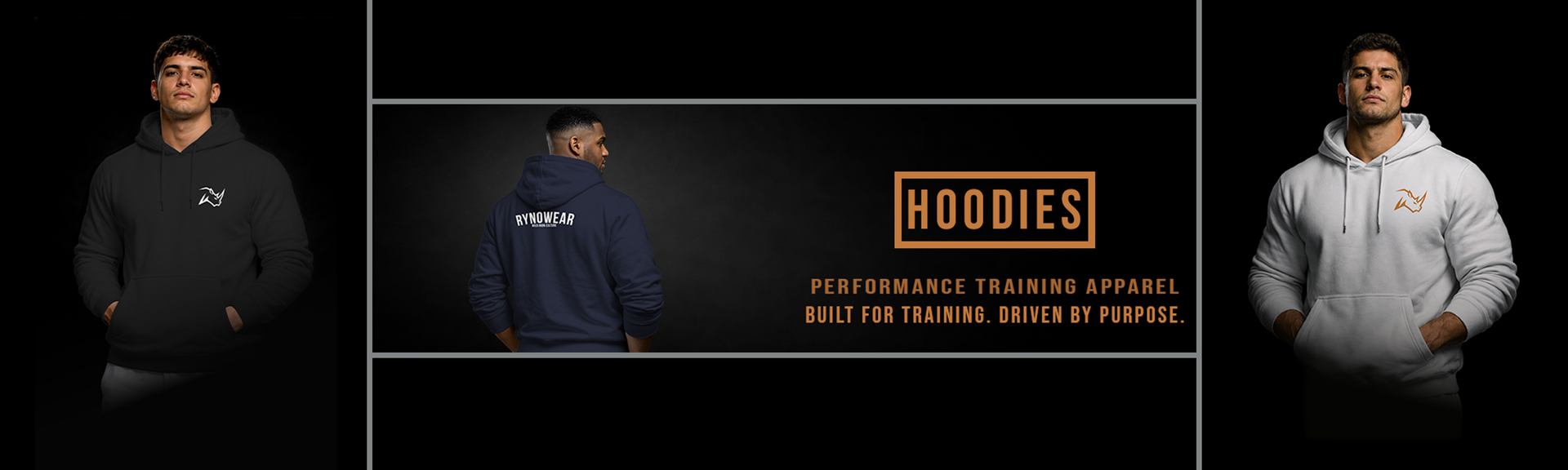Three men wearing hoodies with Rynowear branding and text on a black background. Hoodies Collection