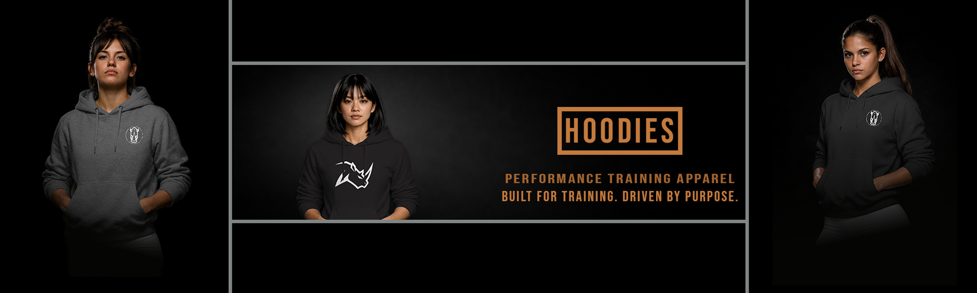 Three athletes wearing Rynowear branded hoodies and text on a black background