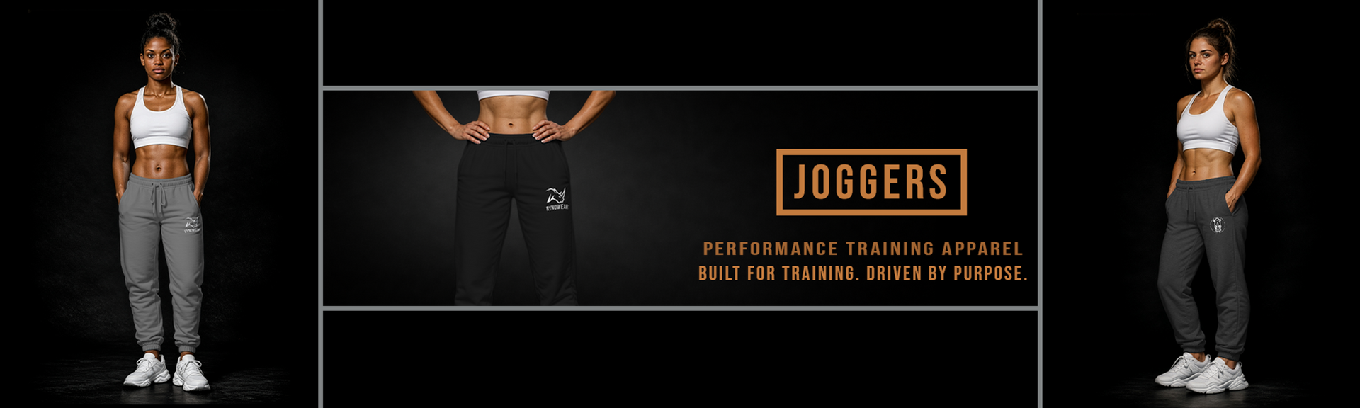 Woman wearing jogger pants with Rynowear brand logo and text on a black background. Joggers Collection