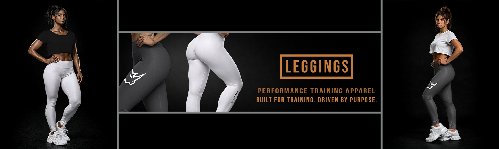 Leggings Collection image of three female athletes wearing leggings with Rynowear brand logo  and text on a black background