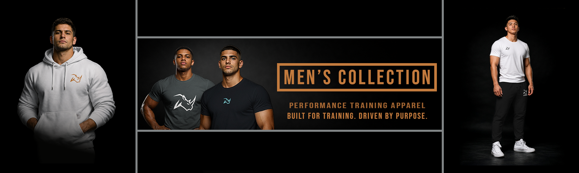 Men's collection of performance training apparel with text on a black background