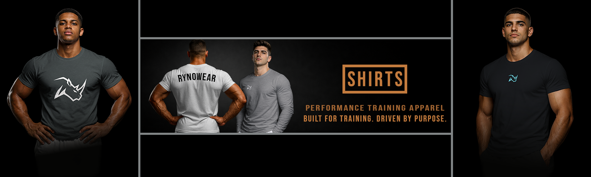Promotional image of Rynowear Shirts Collection apparel with three models wearing different Rynowear gym shirts on a black background.