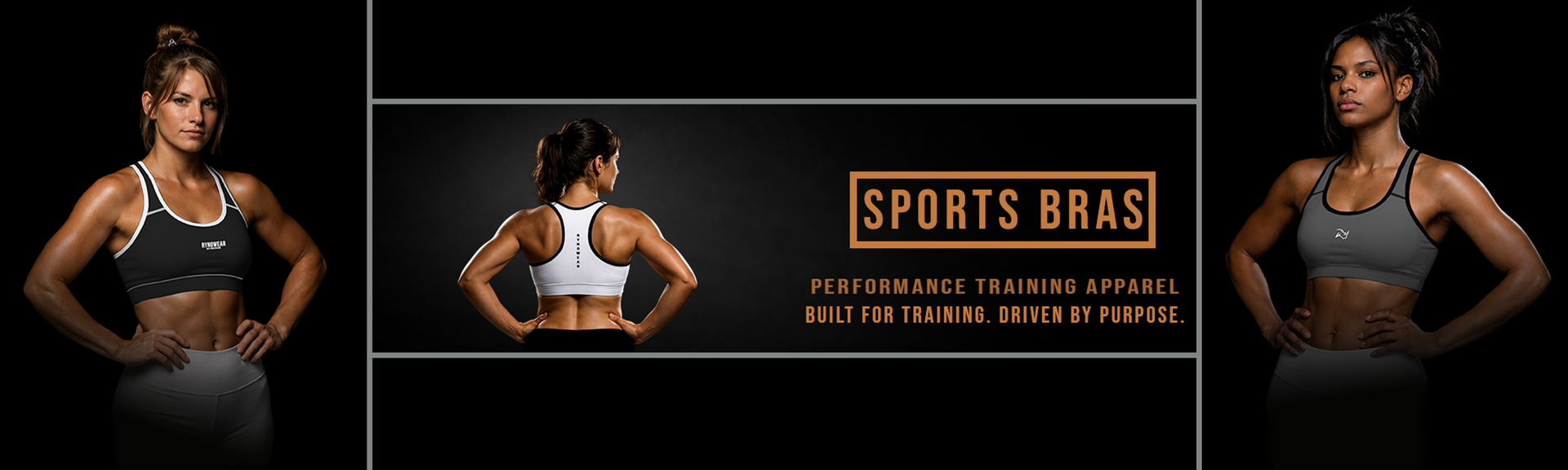 Promotional banner for sports bras with a woman modeling Rynowear sports bras.