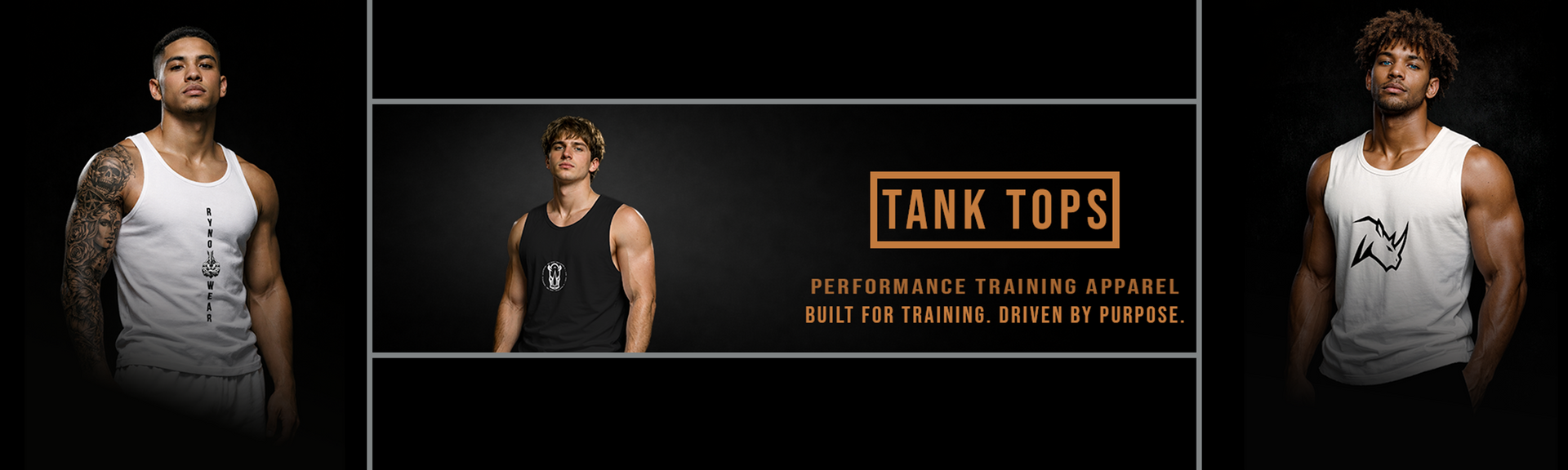 Promotional banner for Rynowear tank tops Collection with three models wearing different tank top designs on a black background.