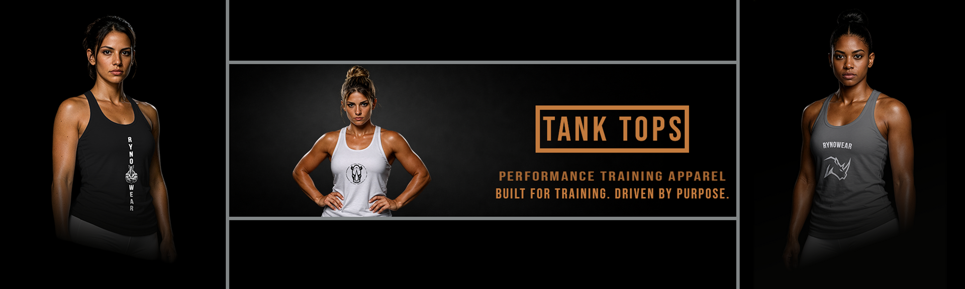 Three women wearing tank tops with promotional text for Tank Top apparel on a black background.