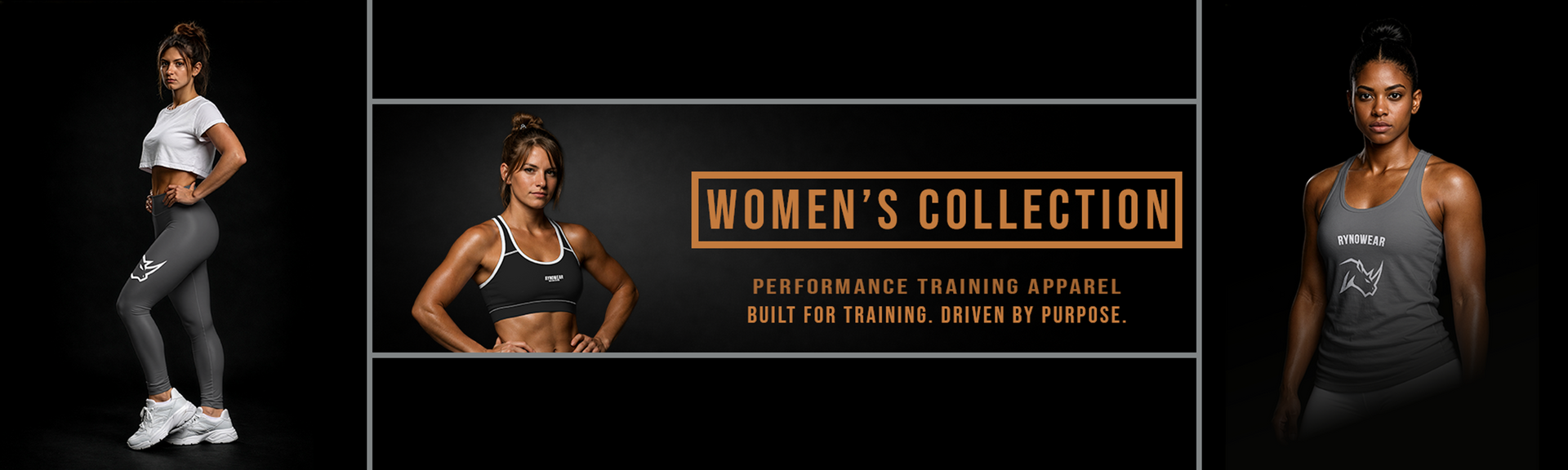 Promotional banner for women's athletic wear collection with models and text on a black background.